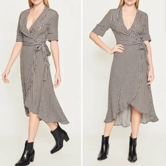 GANNI Black Check Gingham Print Wrap Dress Size 38/ 6